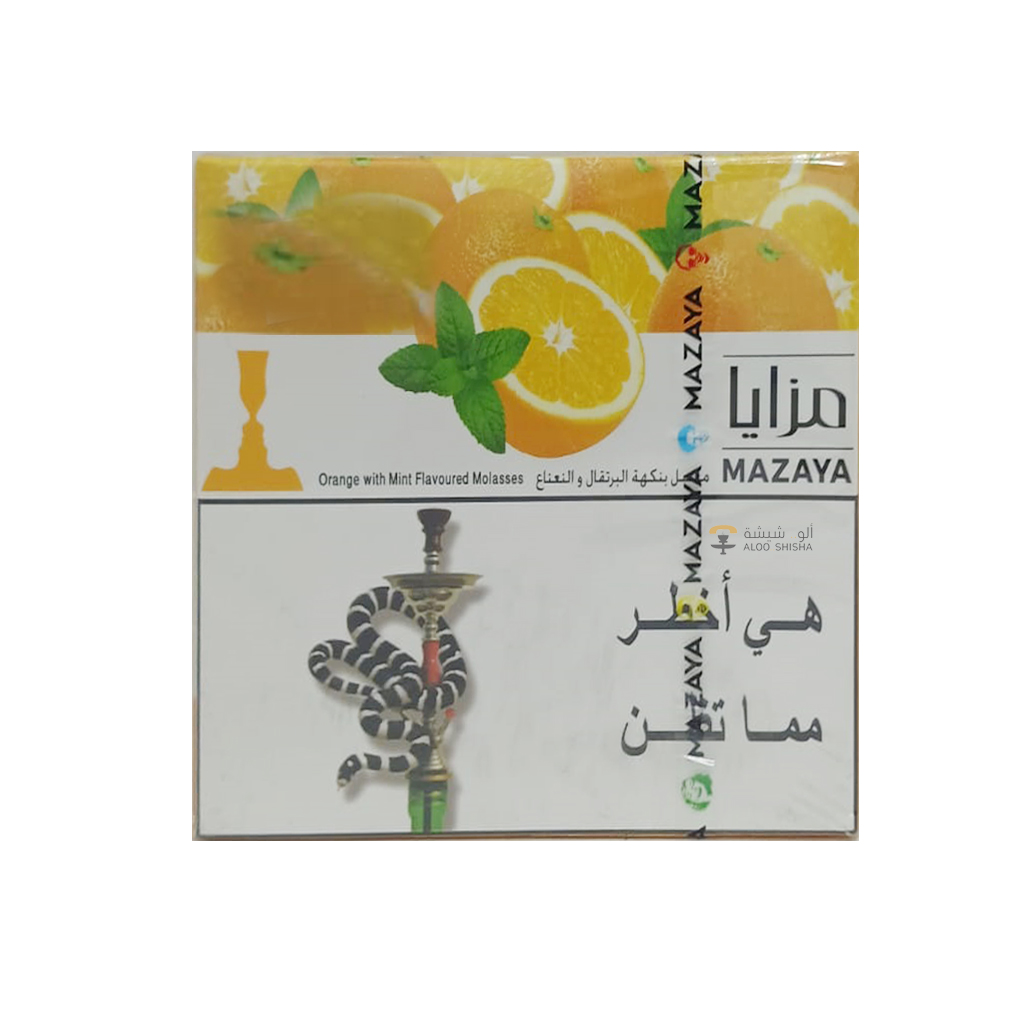 صورة معسل مزايا بنكهة البرتقال والنعناع بتغليف مميز، متاح عبر متجر ألو شيشة في الكويت