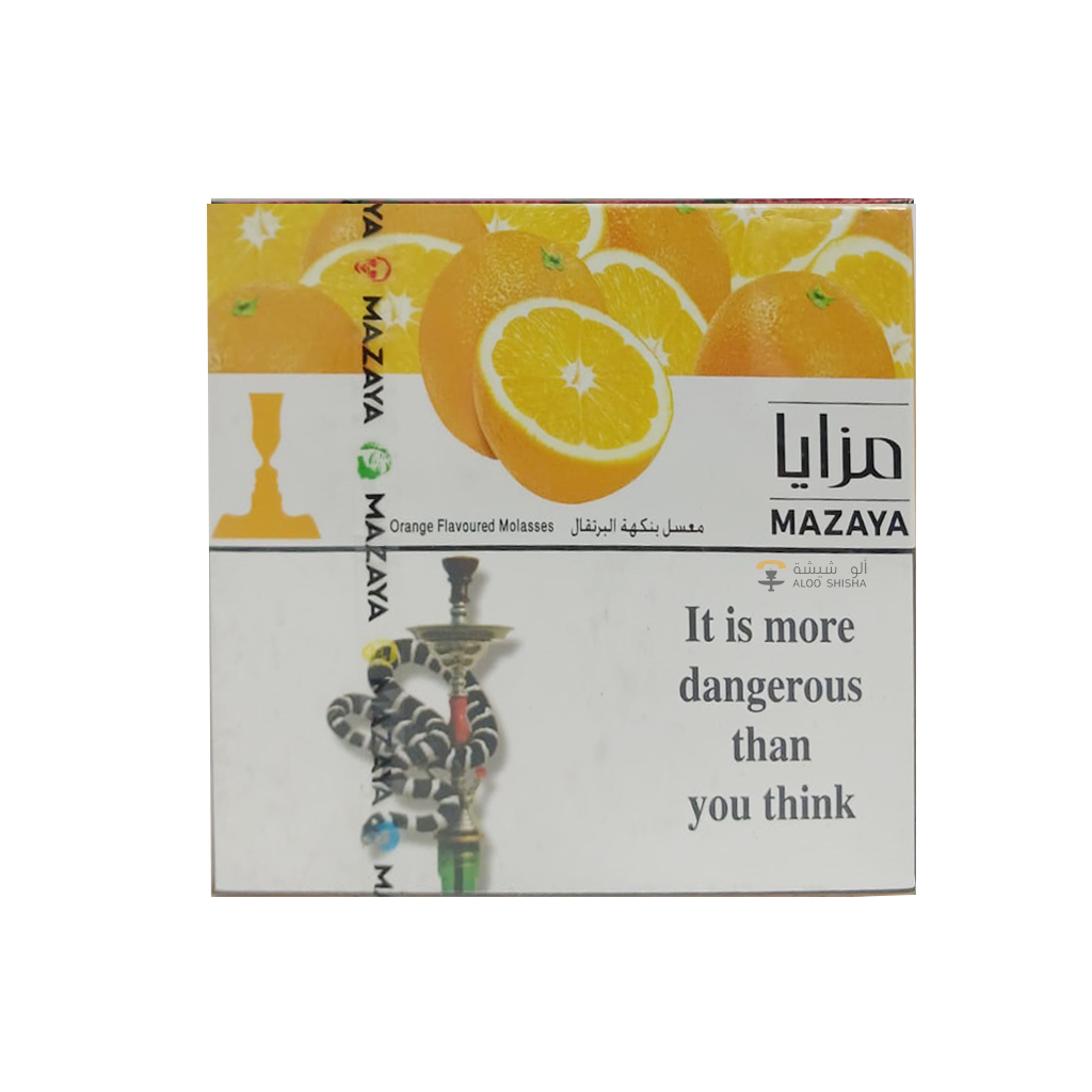 صورة معسل مزايا بنكهة البرتقال الطبيعي بتغليف مميز، متاحة عبر متجر ألو شيشة الكويت